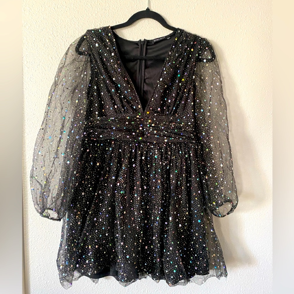 Double Crazy black & silver Sparkly plunge v neck neck mini dress, size Large